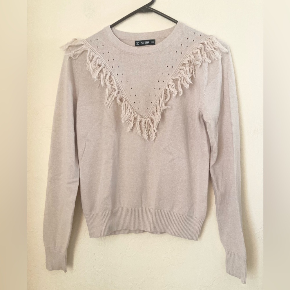 SHEIN Women's Fringe Trim Pointelle Sweater Size S Beige